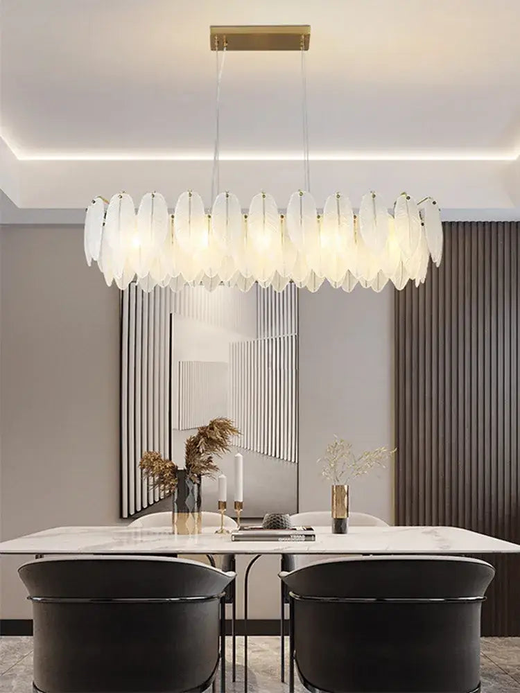 Modern brass glass feather chandelier for dining room