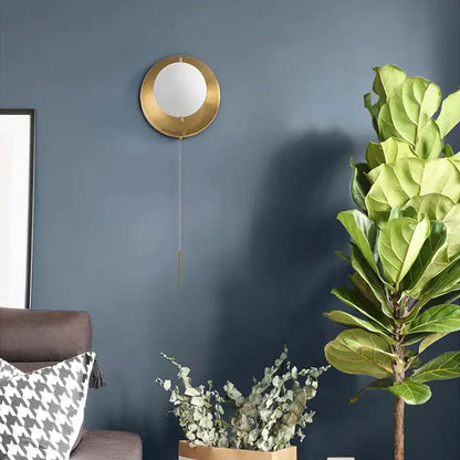 Modern brass glass round wall lamp with pull chain for bedroom
