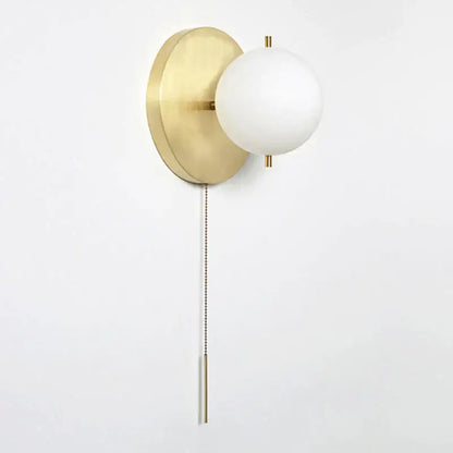 Modern brass glass round wall lamp with pull chain for bedroom