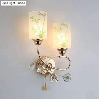 Modern brass glass shade wall lamp with pull chain bedroom sconce