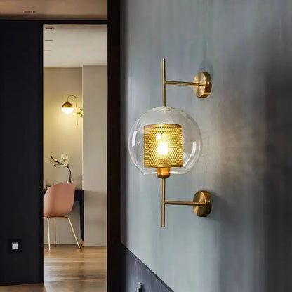 Modern brass glass wall lamp bedroom perforated gold sconce
