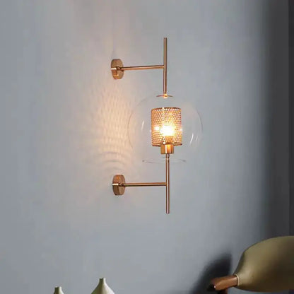 Modern brass glass wall lamp bedroom perforated gold sconce