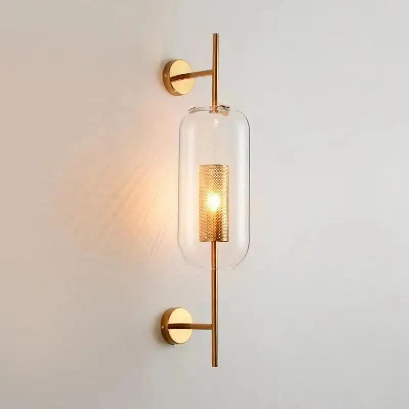 Modern brass glass wall lamp bedroom perforated gold sconce