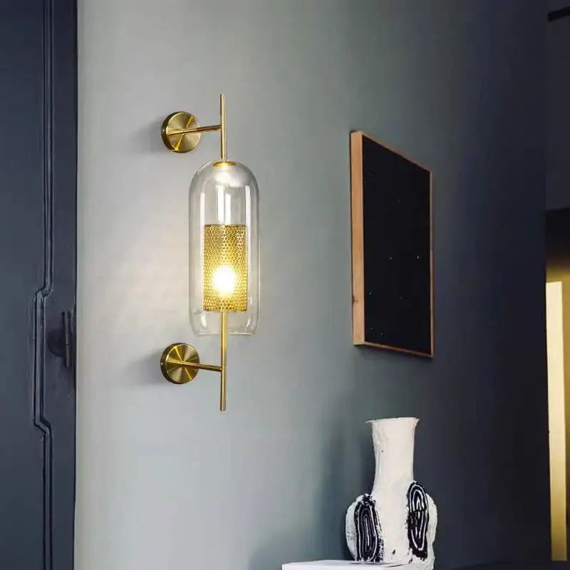 Modern brass glass wall lamp bedroom perforated gold sconce