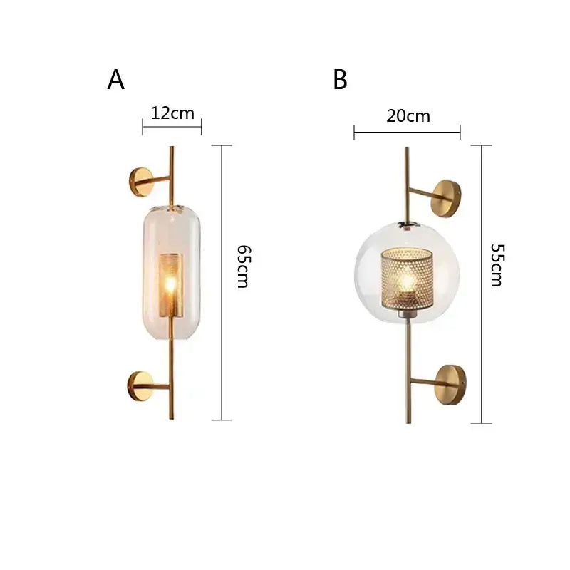 Modern brass glass wall lamp bedroom perforated gold sconce