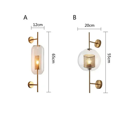 Modern brass glass wall lamp bedroom perforated gold sconce