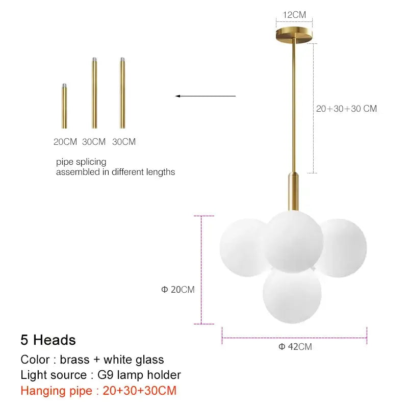 Modern brass globe pendant lamp dining room frosted glass cluster