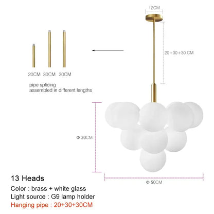 Modern brass globe pendant lamp dining room frosted glass cluster