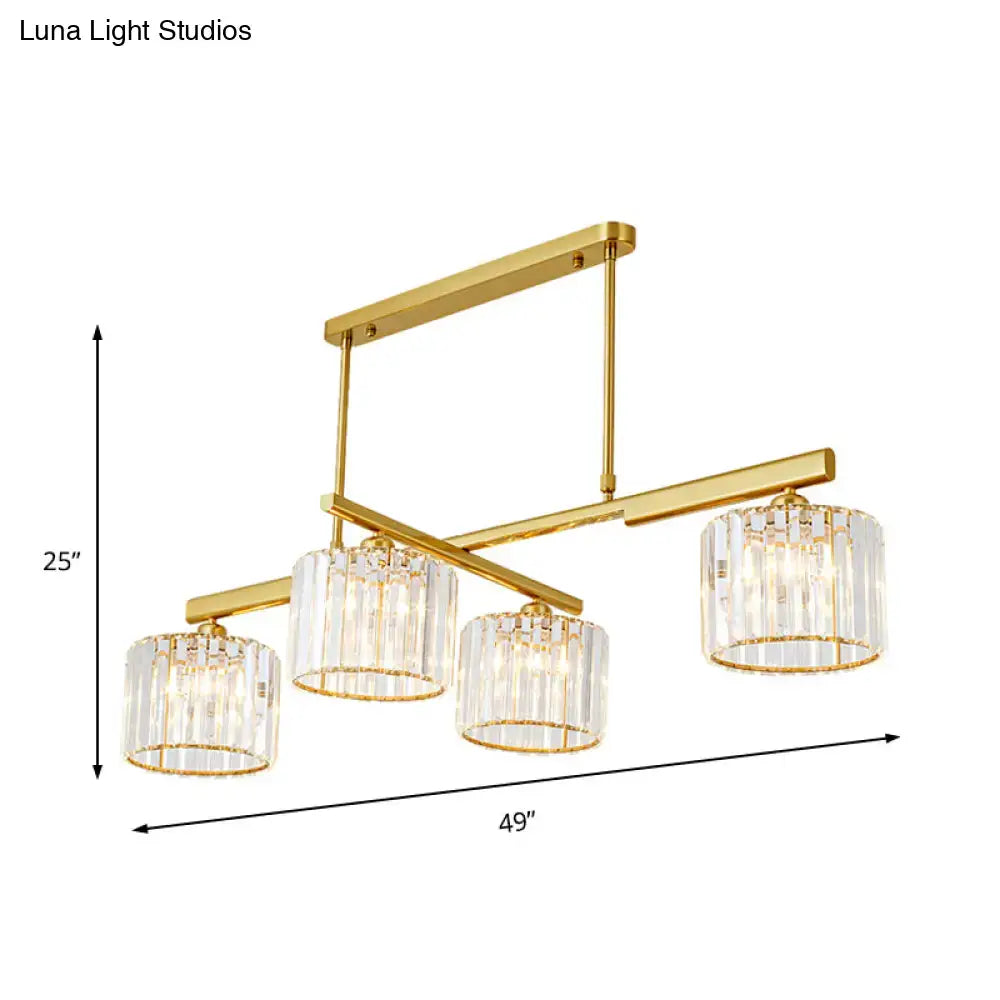 Modern brass hanging light with crystal shades – living room island