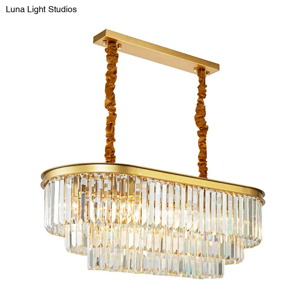 DecorBites™ Modern Brass Island Pendant Light with Oval Crystal Shade - 8-Light Dining Room Hanging Lamp Kit