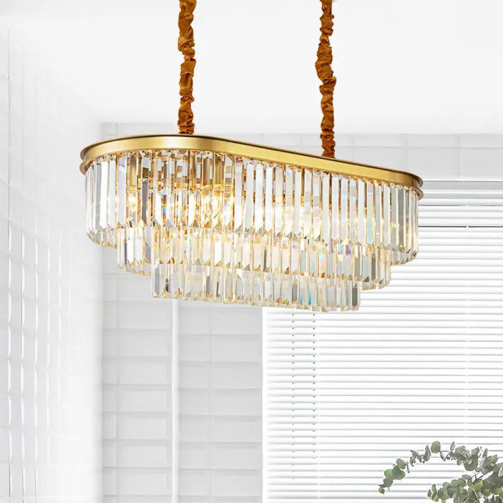 DecorBites™ Modern Brass Island Pendant Light with Oval Crystal Shade - 8-Light Dining Room Hanging Lamp Kit