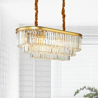 DecorBites™ Modern Brass Island Pendant Light with Oval Crystal Shade - 8-Light Dining Room Hanging Lamp Kit