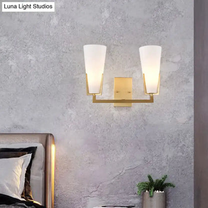 Modern brass led wall lamp bedroom sconce with white glass shades