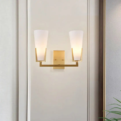 Modern brass led wall lamp bedroom sconce with white glass shades