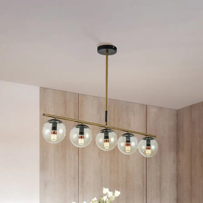 DecorBites™ Modern Brass Pendant Light with 5 Cognac Glass Shades - Linear Dining Room Island Lamp