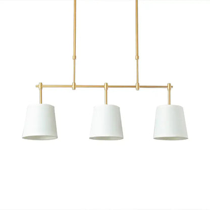 Modern brass pendant light with white green flaxen shades dining room