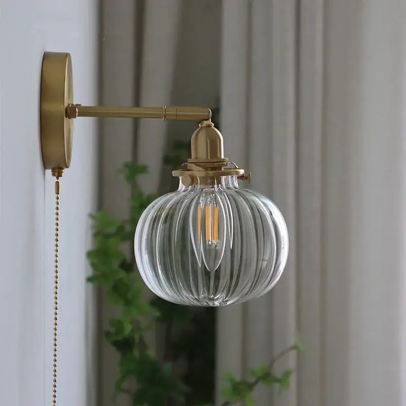 Modern brass ribbed glass ball wall sconce bedroom light