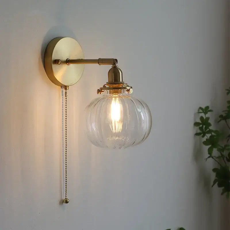 Modern brass ribbed glass ball wall sconce bedroom light
