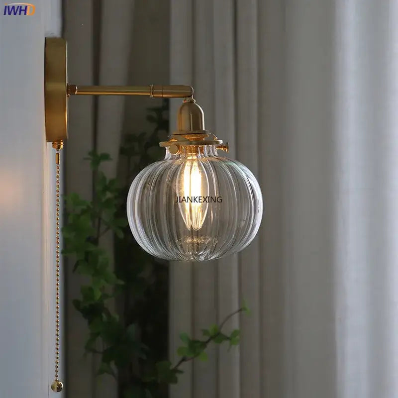 Modern brass ribbed glass ball wall sconce bedroom light