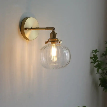 Modern brass ribbed glass ball wall sconce bedroom light