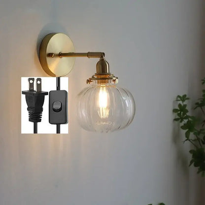 Modern brass ribbed glass ball wall sconce bedroom light