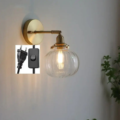 Modern brass ribbed glass ball wall sconce bedroom light