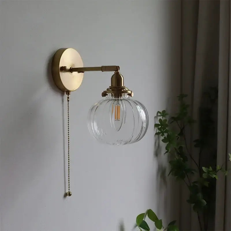 Modern brass ribbed glass ball wall sconce bedroom light