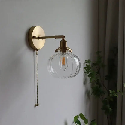 Modern brass ribbed glass ball wall sconce bedroom light