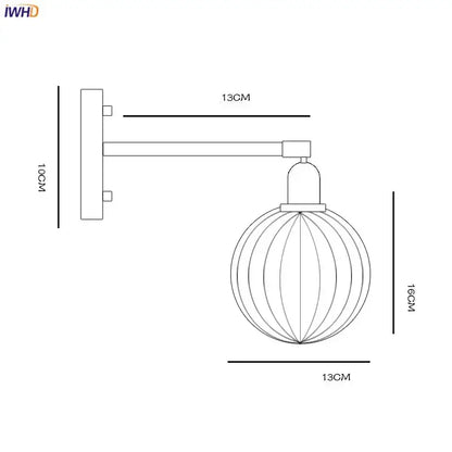 Modern brass ribbed glass ball wall sconce bedroom light