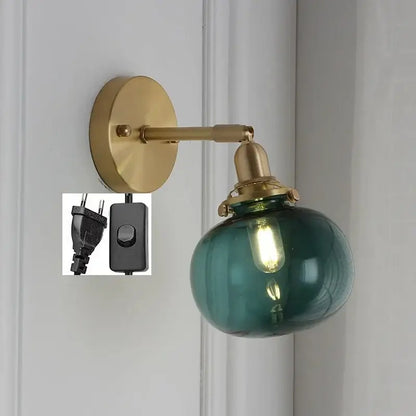 Modern brass ribbed glass ball wall sconce bedroom light