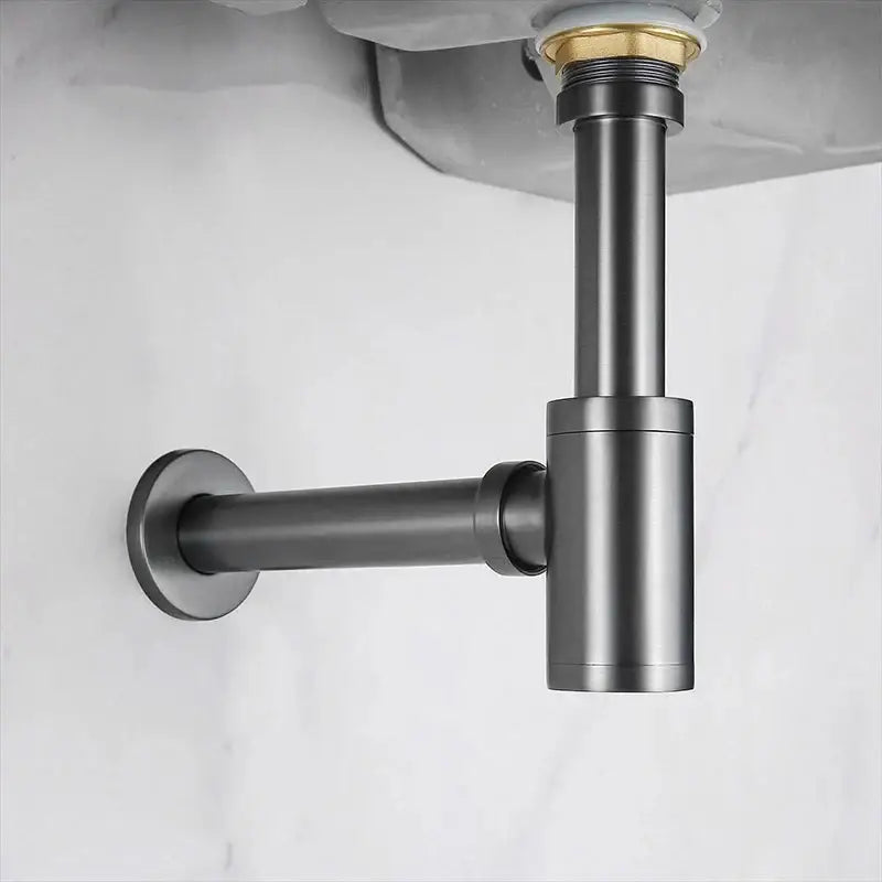 Modern brass round siphon p-trap set gun grey bathroom drainer