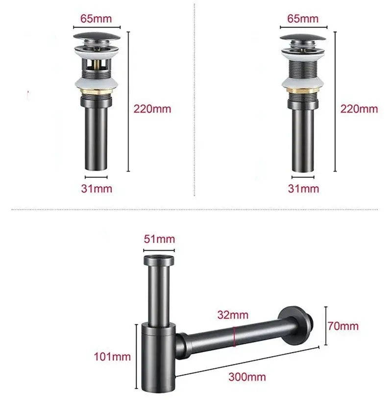 Modern brass round siphon p-trap set gun grey bathroom drainer