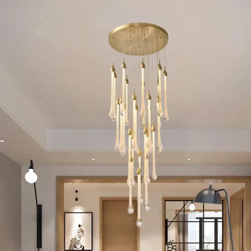 Modern brass round stairs led chandelier glass villa dining room