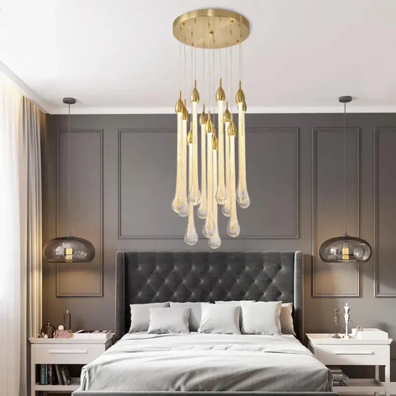 Modern brass round stairs led chandelier glass villa dining room