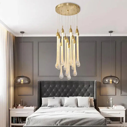 Modern brass round stairs led chandelier glass villa dining room