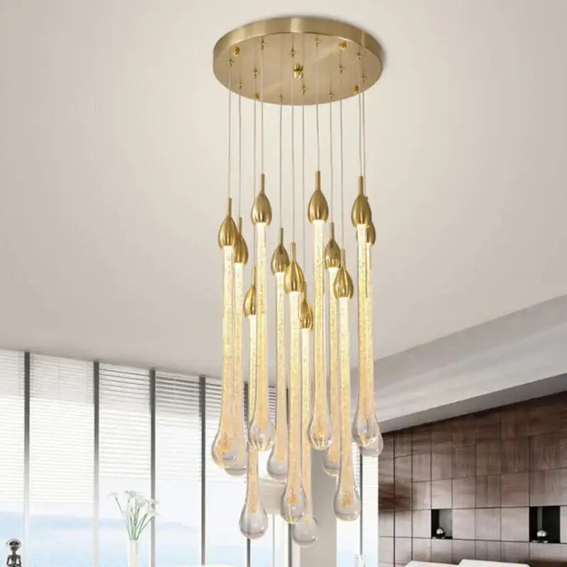 Modern brass round stairs led chandelier glass villa dining room