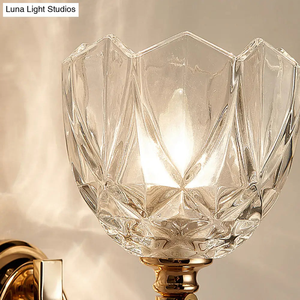 DecorBites™ Modern Brass Sconce Light: 1 Head Bedroom Wall Fixture with Clear Glass Shade