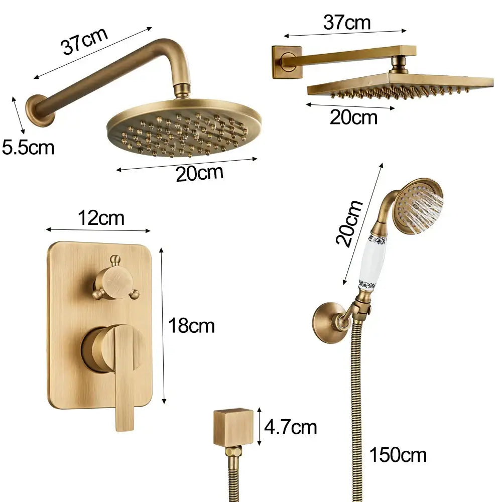 Modern brass square rainfall shower faucet set bathroom mixer system