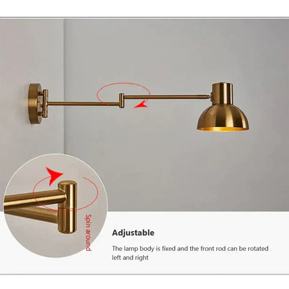 Modern brass swing arm wall lamp bedroom adjustable light