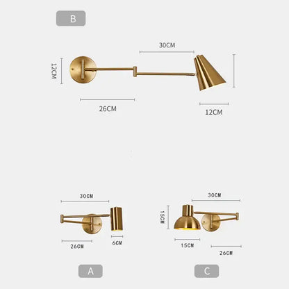 Modern brass swing arm wall lamp bedroom adjustable light