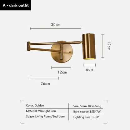 Modern brass swing arm wall lamp bedroom adjustable light