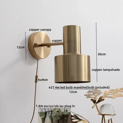 Modern brass wall lamp with pull chain switch for bedroom decor