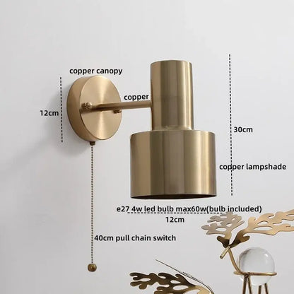 Modern brass wall lamp with pull chain switch for bedroom decor