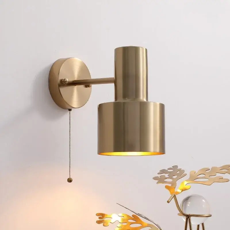 Modern brass wall lamp with pull chain switch for bedroom decor