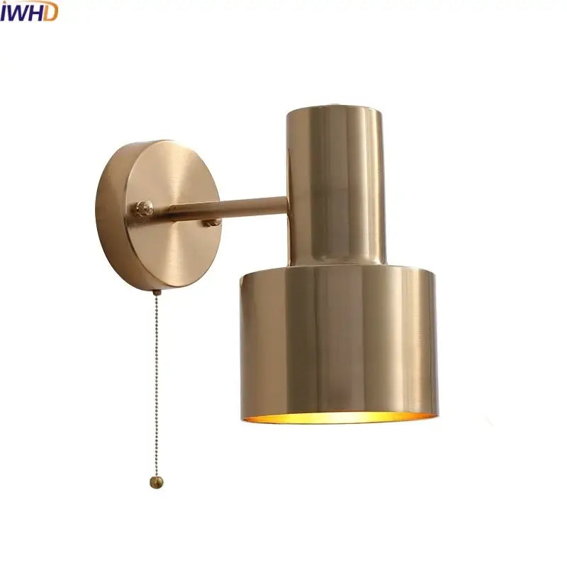 Modern brass wall lamp with pull chain switch for bedroom decor