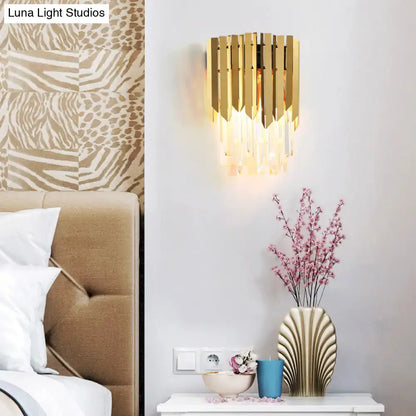 Modern brass wall mount light with clear crystal prism bedroom sconce