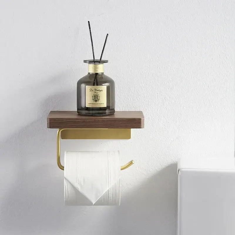 Modern brass & wood toilet paper holder with shelf – bathroom rack