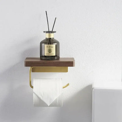 Modern brass & wood toilet paper holder with shelf – bathroom rack
