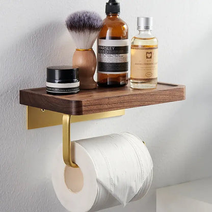 Modern brass & wood toilet paper holder with shelf – bathroom rack