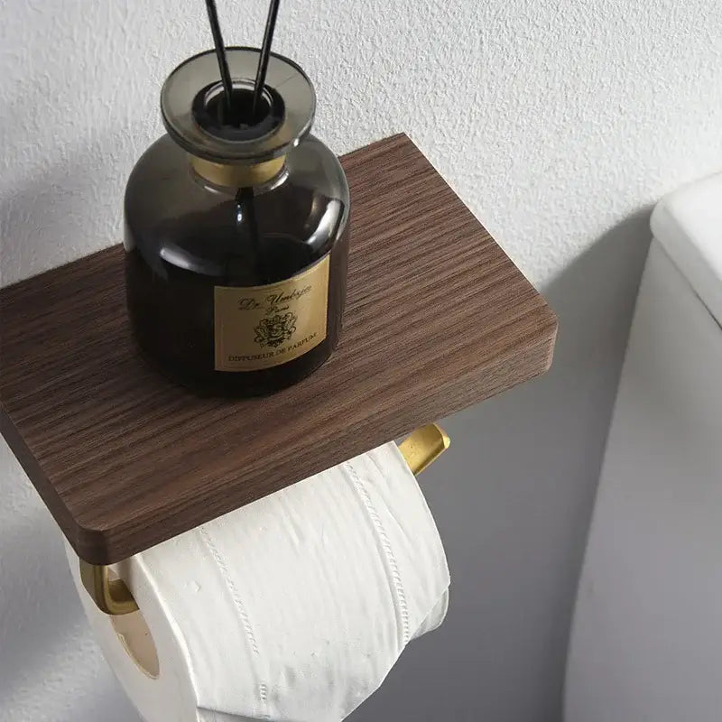 Modern brass & wood toilet paper holder with shelf – bathroom rack